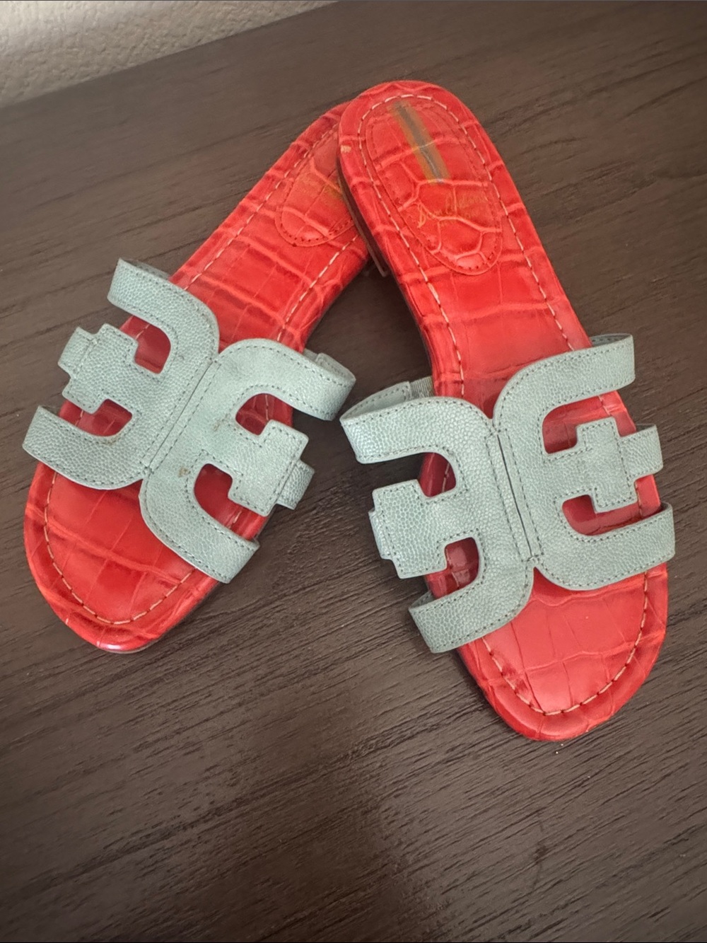 Sam Edelman Bay Croc Embossed Colorblock Slide Sandals Aqua Coral - Size: 7